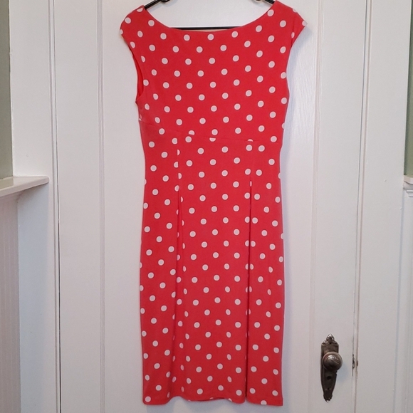 Coral Pink Polka-dot Faux Wrap Midi Dress - Picture 4 of 6